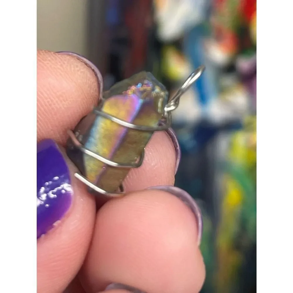 Handmade Small Rainbow Titanium Aura Stone Pendant Wrapped in Silver Wire